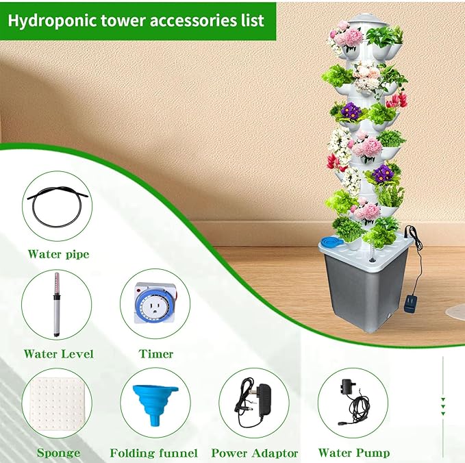 35 Pots Hydroponic Tower Hydroponics Growing System Tower Vertical Tower Planter Pump Tower with Timer Automatic Watering Irrigation Pump and Movable Water Tank for Hydroponic Lovers Grey