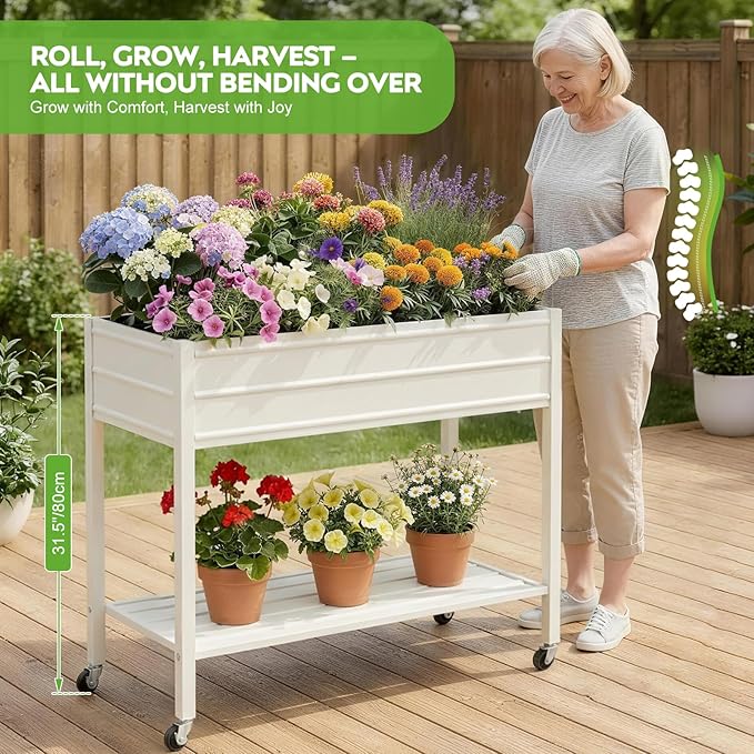 ZORMY 32 Tall Galvanized Raised Garden Bed with Legs Wheels &amp Shelf Elevated Planter Box Outdoor for Vegetables Herbs &amp Flowers Patio &amp Backyard Garden Bed with 400lb CapacityWhite
