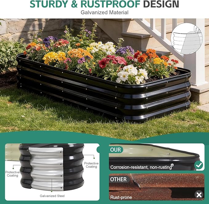 4 in 1Galvanized Raised Garden Bed - 5x3x1ft Modular Planter Box Outdoor | Metal Raised Bed Kit with Bracing Rods for Gardening Vegetables Flowers Fruits Herbs (Gray)