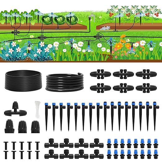 2026 Upgrade 230FT Quick-Connect Drip Irrigation System Kit with 1/4” &amp 1/2” Fast-Lock Tubing Adjustable Emitters &amp Sprinklers for Garden &amp Greenhouse