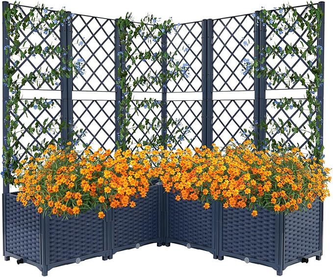 Raised Garden Bed Planter Box with Trellis Plastic Planter Box &ampPrivacy Screen for Climbing Plant Vegetable Vines Outdoor Backyard Patio 47.2x47.2x55.9 (Blue)