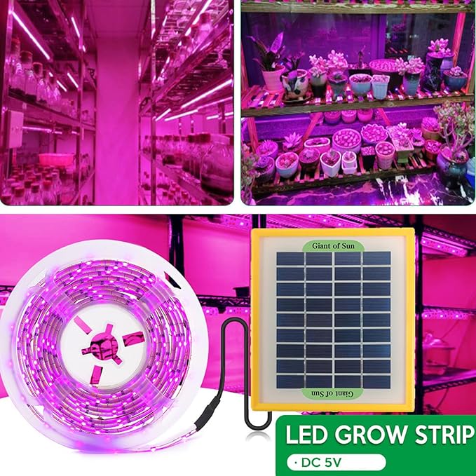 Solar Powered Grow Lights 16.4ft Plants Light Strip with Solar Panel Full Spectrum Fast Heat Dissipation Heat Lamp for Outdoor Indoor Garden Greenhouse