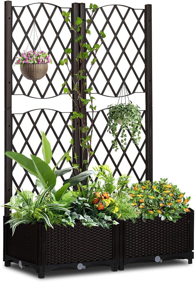 48 Outdoor Garden Flower Standing Planter BoxPlastic Planter Raised Garden Trellis BedIndoor Outdoor Flower BedVertical Pot Standwith Drainage Holesfor Patio Porch Yard Balcony (Brown)