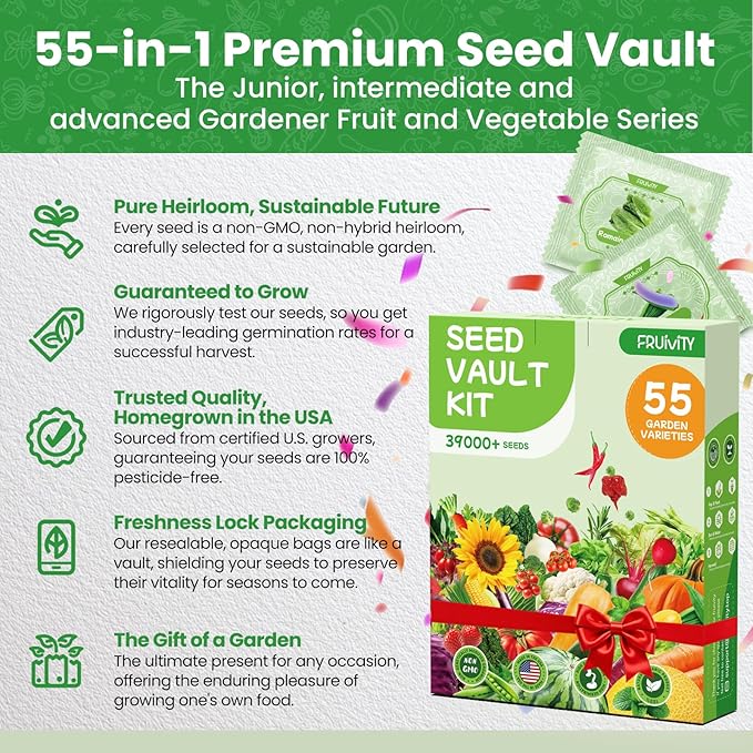 55 Vegetable Seeds Variety Pack - 39000+ Heirloom Seeds for Planting Vegetables and Fruits Non-GMO Garden Seeds for Outdoor Planting Gift for Mother Women Mom Friend (55 PCS Vegetable Seeds)