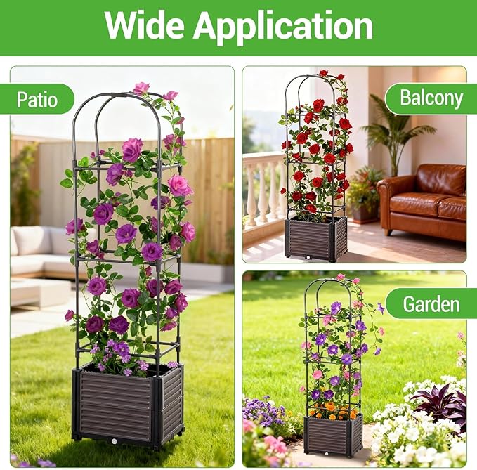 Set of 2 Raised Bed with Trellis Flower Box with Trellis for Climbing Plants Garden Bed Trellis Made of Metal and PP Garden Trellis with Self-Watering Planter Box Garden Balcony 40 x 40 x 150 cm