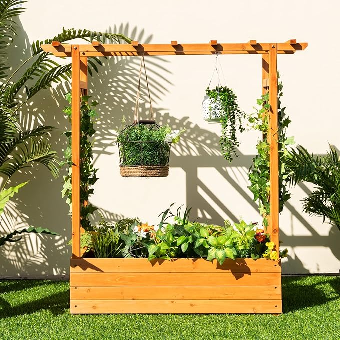 ORALNER Raised Garden Bed with Trellis Wooden Planter Box with Climbing Frame Outdoor Elevated Garden Box for Vegetables Herbs Flowers Fruits (Small)