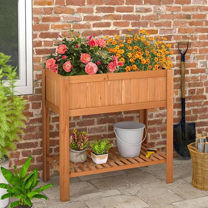 LDAILY Wood Raised Garden Bed 39x20x39in Rectangle Garden Box with Study Legs &amp Storage Shelf Outdoor &amp Indoor Flower Beds Planter Box with Bed Liner for Flowers/Vegetables/Fruits in Yard