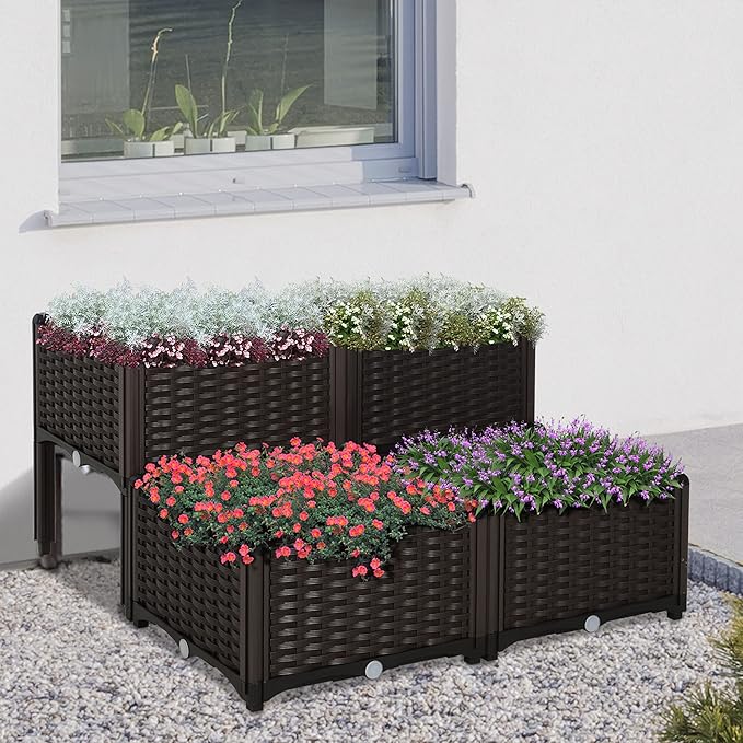 Self-Watering Elevated Garden Bed Set of 4 Smart Planter Box with Legs &amp Built-in Reservoir for Effortless Growing of Herbs Flowers &amp Vegetables Brown