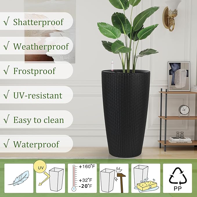 IndoorOutdoor The Appearance is Made of Rattan Planter22.5 inch Black Plastic Large Plant Pot with Automatic Watering System for Home and G (Black 22.5 inch 2 Pack)
