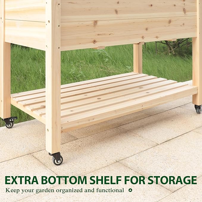 BlueWish 48 W x 24 D x 33 H Planter Boxes Outdoor Cedar Garden Bed with Detachable Black Liner Drainage Holes Storage Shelf Raised Beds for Gardening Vegetable Flower