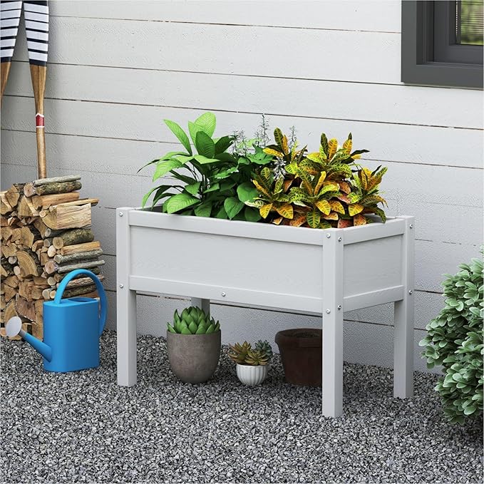 Small HDPE Raised Garden Bed Elevated Planter Box with Legs Outdoor All-Weather Planter Raised Beds for Seeds Herbs Flowers Vegetables (White)
