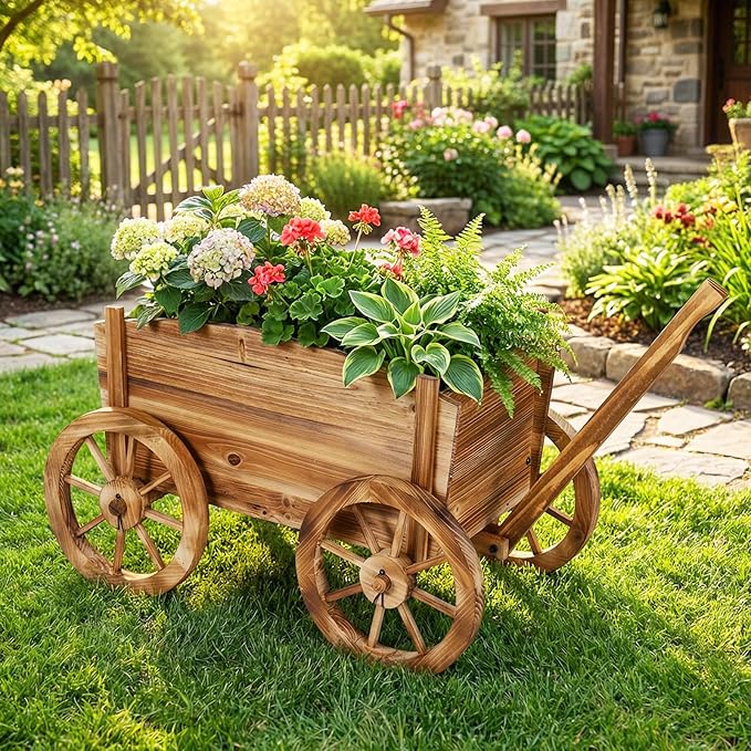 Giantex Wood Wagon Planter Rustic Rolling Flower Pot Stand with Wheels Handle &amp Drainage Hole for Growing Vegetables Herbs Indoor Outdoor Decorative Cart for Patio Balcony Garden
