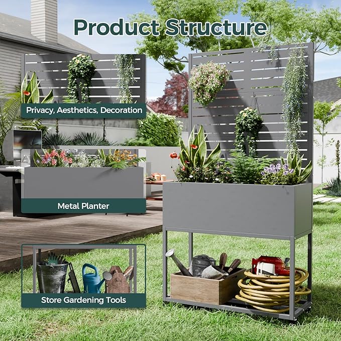 Metal Planter Box Multi-Functional &amp Easy to Assemble 67 H x 35 W Raised Garden Bed for Climbing Plants Elevated Standing Garden Planter with Drainage Holes for Outdoor Patio Grey