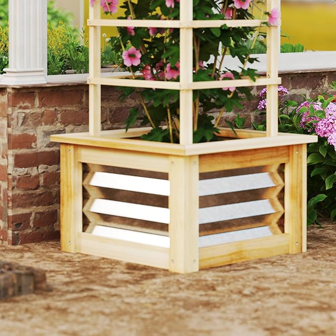 Outsunny Raised Garden Bed with Trellis Wooden Planter Box with Galvanized Steel Sides Raised Flower Bed for Climbing Plants Flowers Fruits and Vegetables Natural Wood