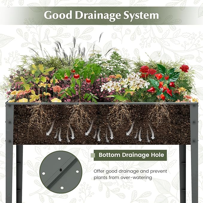 HAPPYGRILL Raised Garden Bed Galvanized Garden Box with Legs Drainage Holes 2 Gloves Outdoor Planter Box for Garden Backyard &amp Patio 46”x 24” x 32” Grey