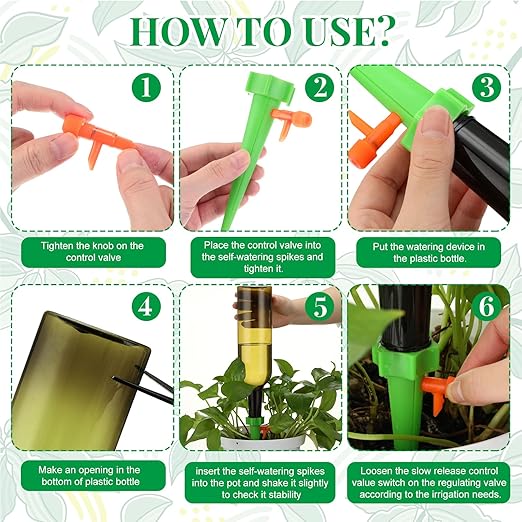 8 Set Plant Watering Devices with Self Watering Spikes and 26 oz Plastic Bottles Plant Waterer Devices with Adjustable Control Valve Switch Indoor Outdoor (Green)