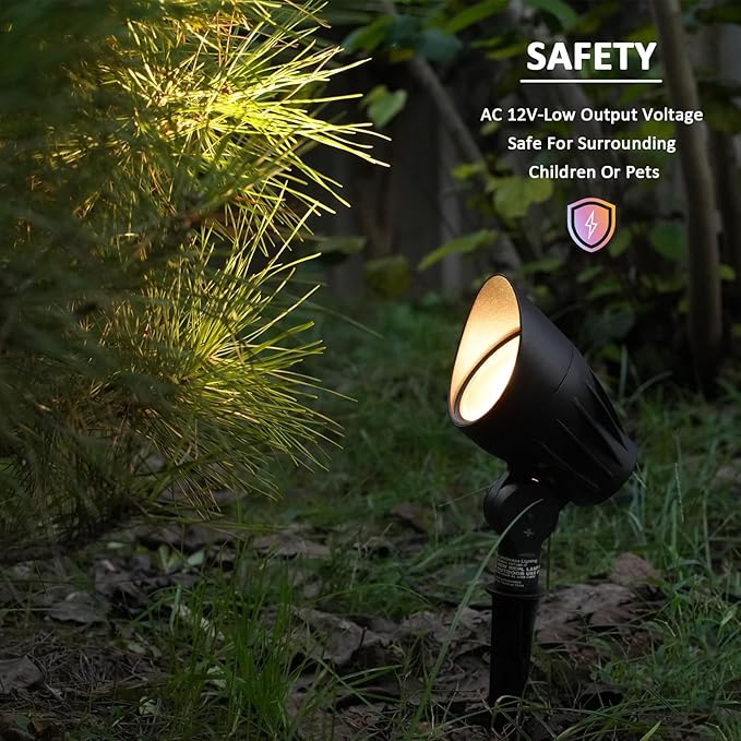 Low Voltage Landscape Spotlight 50W Halogen Floodlight 12V Metal Landscape Light 380 Lumen 3000K Warm White with Replaceable Bulb Spike Stake and Connector for Garden Yard Lawn Driveway