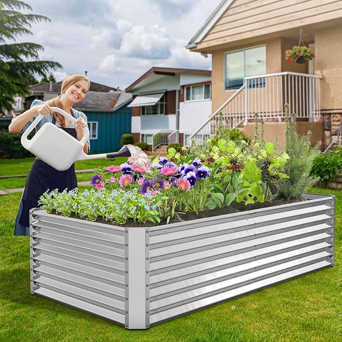 FRIZIONE 6x3x2ft Galvanized Metal Raised Garden Bed for Vegetables Outdoor Garden Raised Planter Box Backyard Patio Planter Raised Beds for Flowers Herbs Fruits