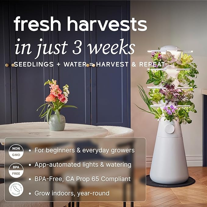 Farmstand Nook 4ft.7” Vertical Hydroponic Garden Tower - Self-Watering Vertical Hydroponic Tower with LED Grow Lights 20 Live Seedlings Smart Timer - Indoor Vertical Growing Tower