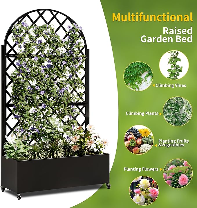 Round Metal Planter Box with Trellis and Built-in Drainage System Raised Garden Bed with 4 Wheels Trellis &amp Privacy Screen for Climbing Plants Vegetables Vines