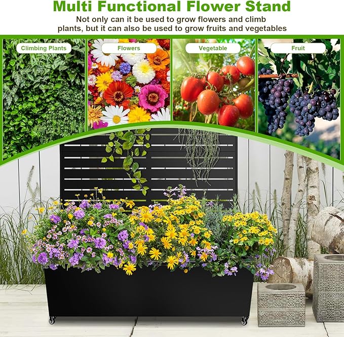 Metal Planter Box with Trellis 72x47x16 Metal Raised Garden Bed with Trellis Trellis Planter Box with Drainage Holes &amp Lockable Casters for Climbing Plants Vegetables and Vines