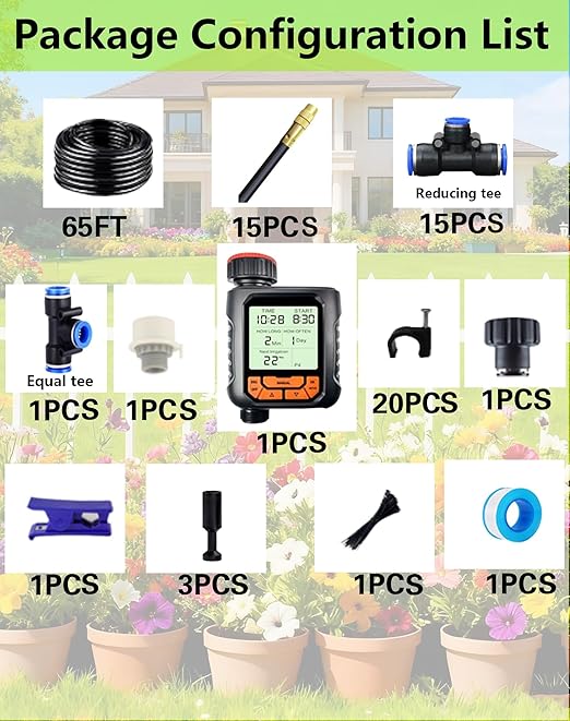 Drip Irrigation System - 360° Adjustable Micro Spray Sprinkler Kit for Garden Easy Installation No Tools Fine Mist Watering for Garden Potted Plants Greenhouse (65FT+Timer)