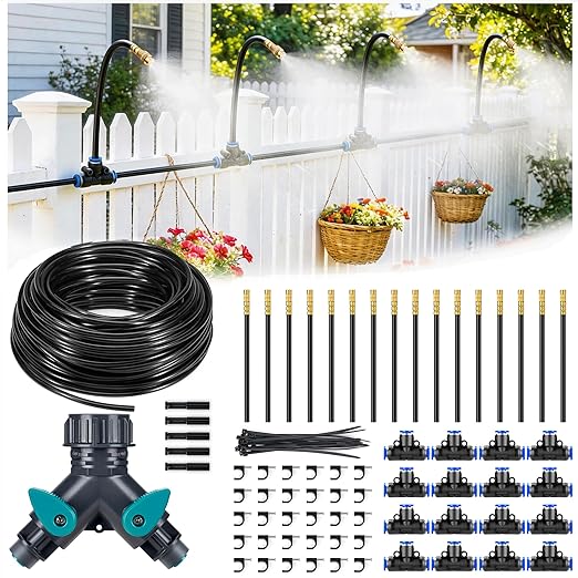 HIRALIY 360° Adjustable Drip Irrigation System 100FT 1/4 Tubing with Adjustable Copper Nozzles Automatic Atomizing Watering Kit for Garden Yard Lawn Greenhouse &amp Potted Plants