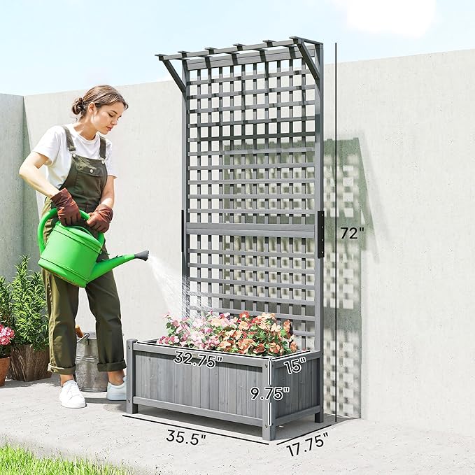 Outsunny Wood Planter with Trellis Raised Garden Bed for Climbing Plants w/Drainage Holes and Roof 35.5 x 17.75 x 72 Dark Gray