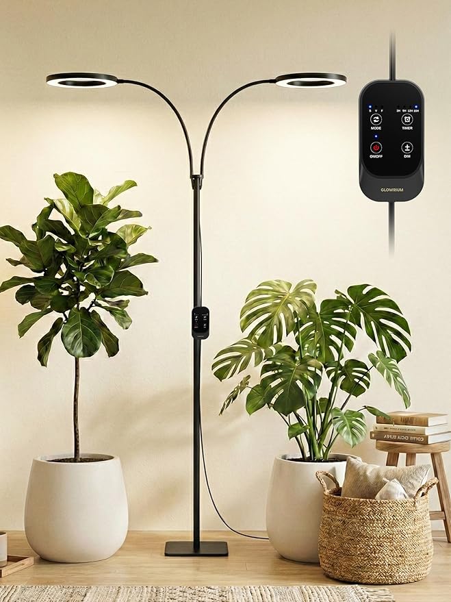 GLOWRIUM 48W LED Dual-Head Grow Light for Indoor Plants 23.5-71 Adjustable Height 3-Growing Full Spectrum for Tall Plant Light 3/9/12/16H Timer 6-Level Dimming Ideal for Large Tall Plants