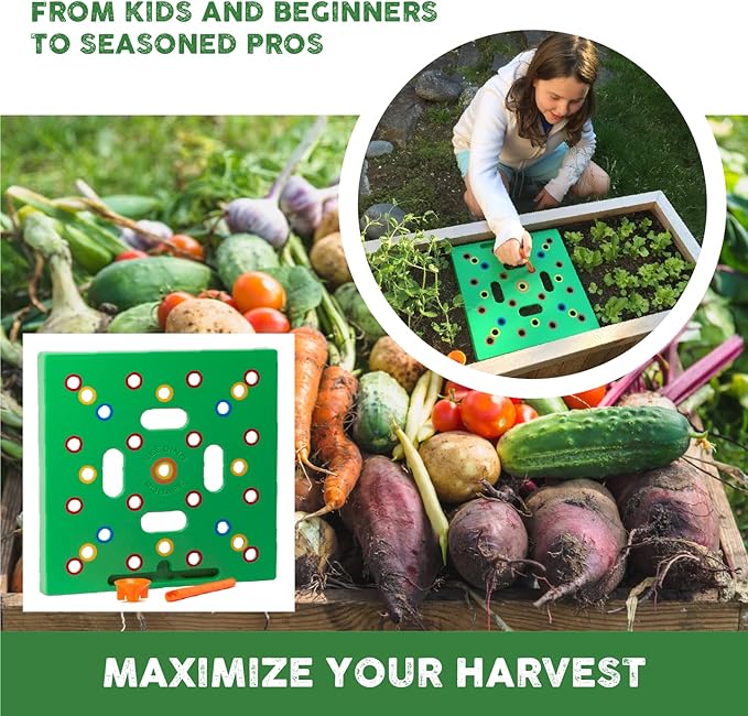 Seeding Square - Patented Seed and Seedling Spacer Tool for Bigger Harvests Organized Plants &amp Fewer Weeds – Color-Coded Gardening Template with Dibber Seed Spoon Ruler &amp Planting Guide