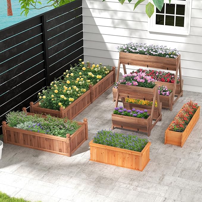 S AFSTAR 21-Inch Vertical Raised Garden Bed 3 Tiered Wooden Planter Boxes 26 L x 29 W x 29 H Drainage Holes Indoor Outdoor Flowerbed Freestanding Elevated Planter Box for Garden Flower Veggies