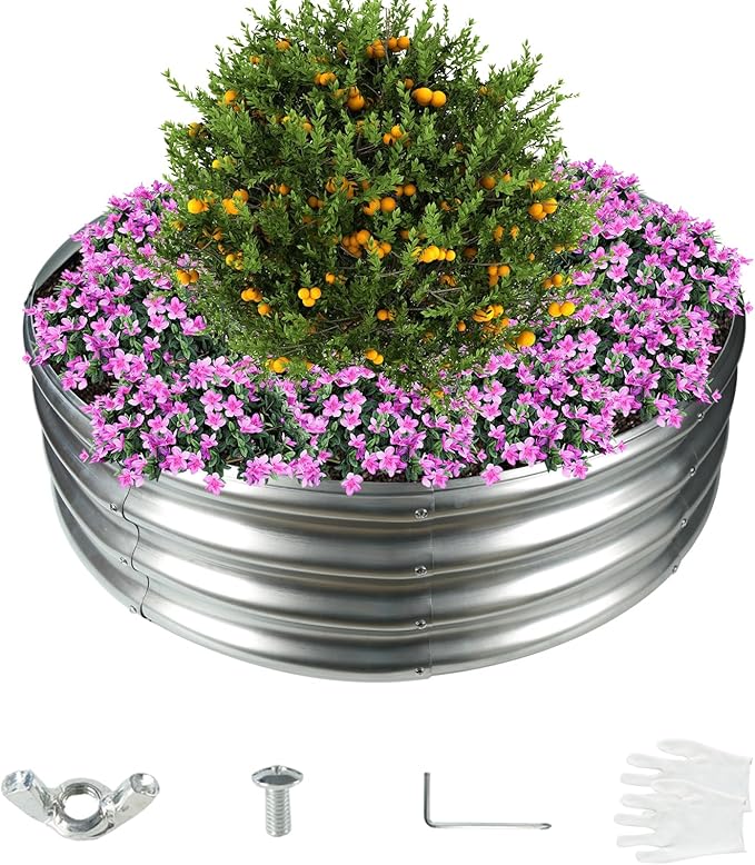 3FT Diameter Galvanized Garden Raised Bed/Plant Box/Fire Pit Ring-0.8mm Thick12 Inch TallCrimped Edge and CornerNo SharpePerfect for Plantings (Silver 36 Dia X 11.5 inches)