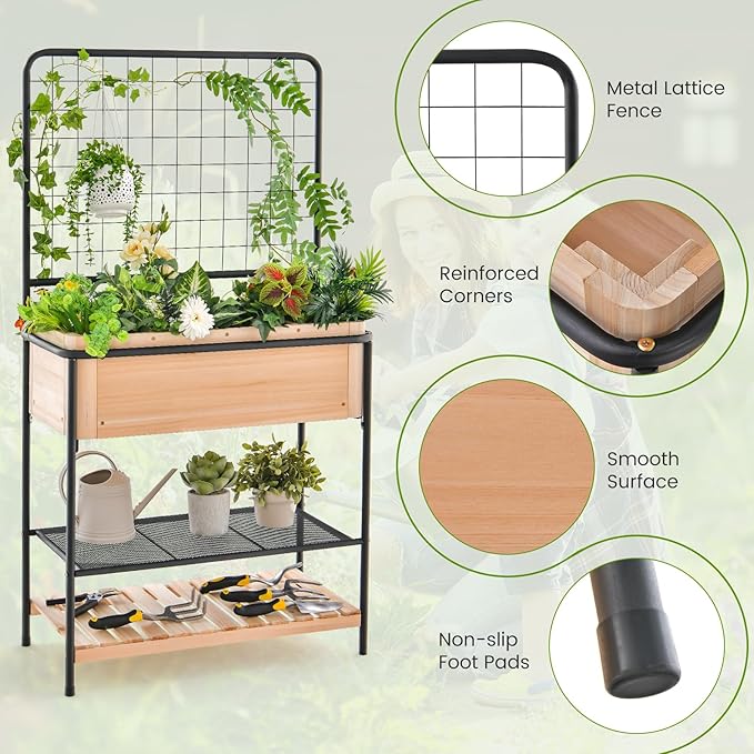 HAPPYGRILL Outdoor Raised Garden Bed 59” Wooden Elevated Planter Box w/Open Storage Shelves Removable Grid Divider Drain Holes &amp Black Liner Raised Garden Bed w/Legs &amp Trellis for Vegetabl