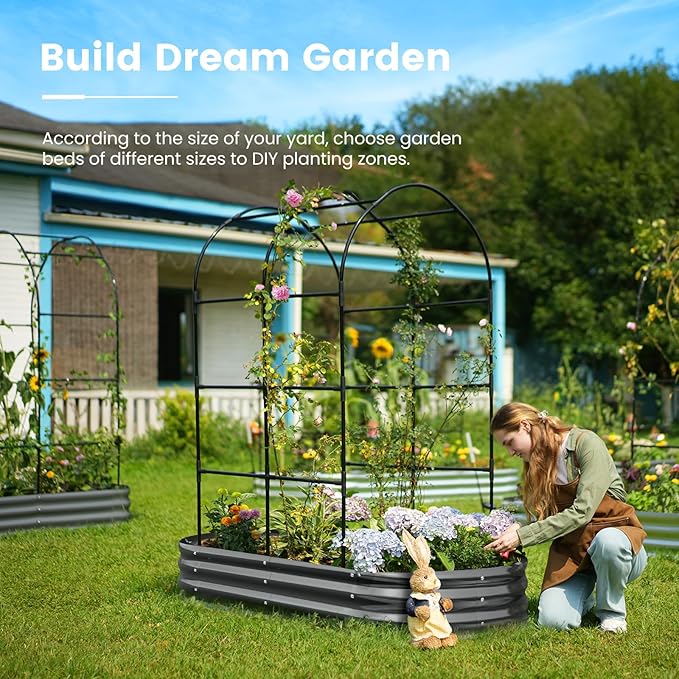 KING BIRD Raised Garden Bed with Arched Trellis Galvanized Planter Garden Box Outdoor for Gardening Climbing Vegetables Flowers 5.9x2.95x0.98 Ft Dark Grey