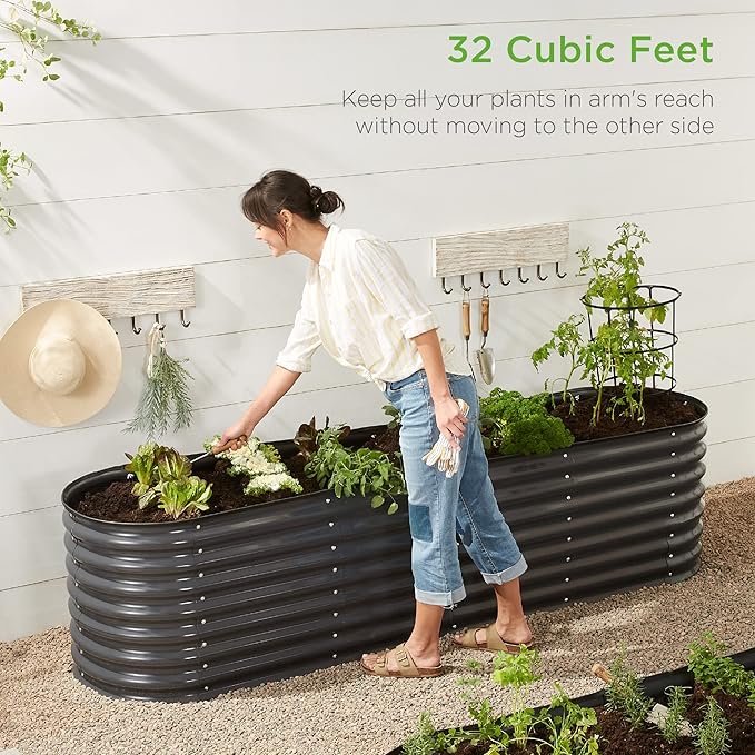 Best Choice Products 8x2x2ft Metal Raised Garden Bed Oval Outdoor Deep Root Planter Box for Vegetables Herbs w/ 4 Support Bars 215 Gal Capacity - Charcoal