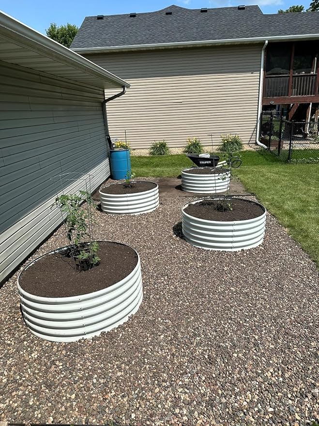 A ANLEOLIFE 4-Pack 4ft x 18” Tall Round Galvanized Raised Garden Beds Outdoor for Planting Vegetables Flowers Herb Antique White