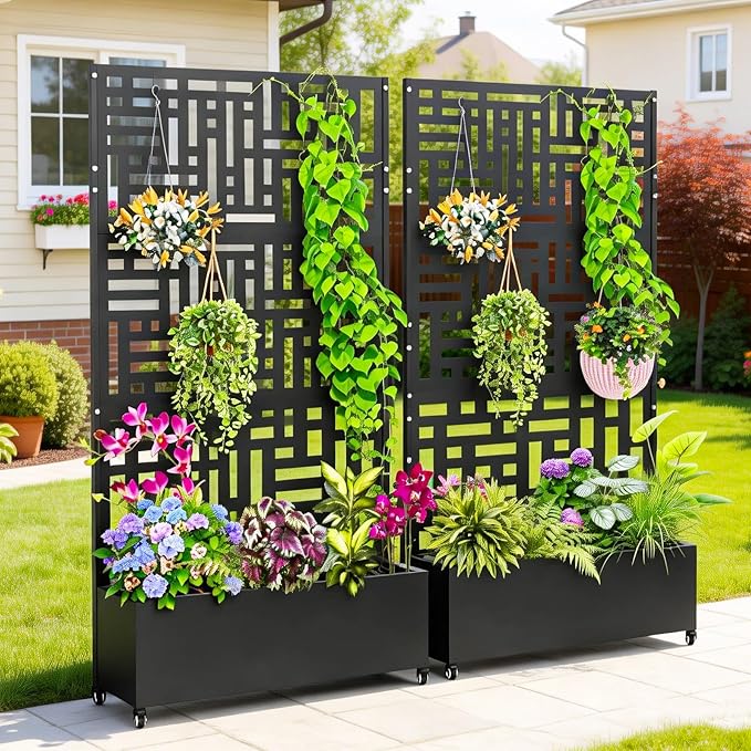 Nexum Metal Planter Box with Trellis &amp Wheels 71x47x16 Planter Boxes Outdoor with Drainage Holes Privacy Planters for Patio Balcony Backyard Poolside