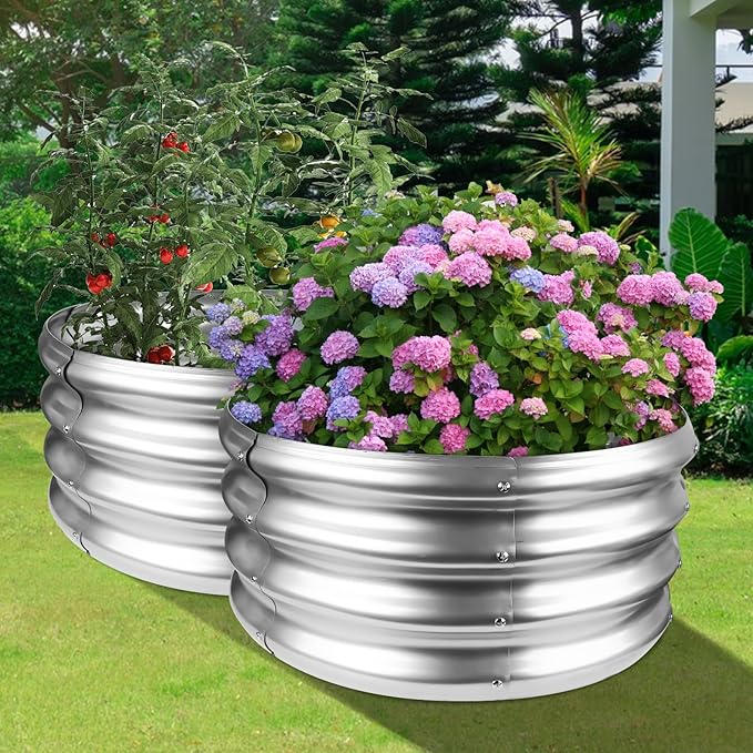 Galvanized Raised Garden Bed Round Metal Planter Box for Vegetables 2x2x1ft Outdoor Gardening Kit Flower Helb