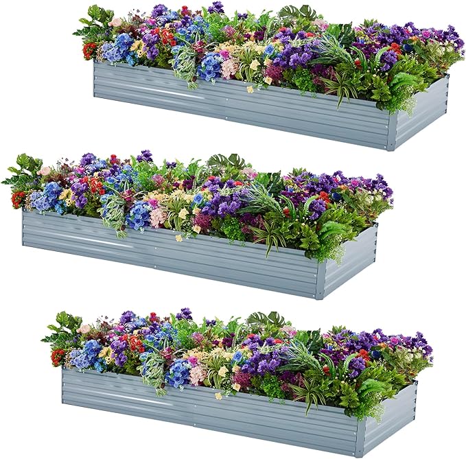 3 Pack 6x3x1FT Galvanized Raised Garden Bed Kit Outdoor Metal Planter Box for Vegetables Bottomless Rectangular Gardening Bed with Support Rods Tool-Free Assembly Gray