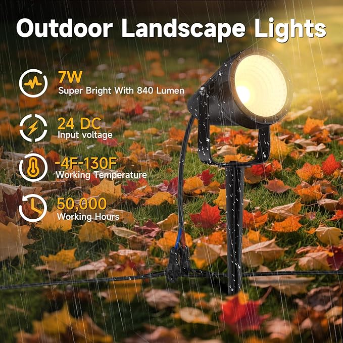 Outdoor Landscape Lighting - 24Pack Outdoor Spot Lights with Connectors &amp Transformer for Yard Plant Lawn Tree Flags House Garden Fence - 7W Warm Yellow 3000K Spotlights with IP65 Waterproof