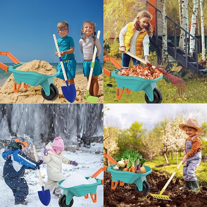 Kids Gardening Set with Wheelbarrow Real Metal Garden Tools for Kids Ages 3-8 4 Long Handle Tools 3 Hand Tool Gloves 5 Stickers Handbook Outdoor Backyard Toys for Toddler Gift