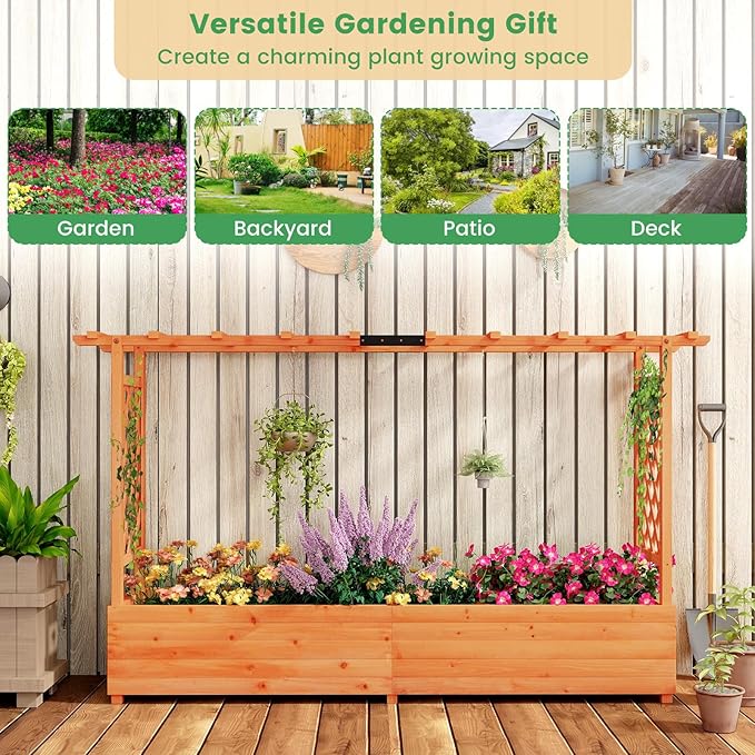 ORALNER Raised Garden Bed with Trellis Wooden Planter Box with Climbing Frame Outdoor Elevated Garden Box for Vegetables Herbs Flowers Fruits (Large)