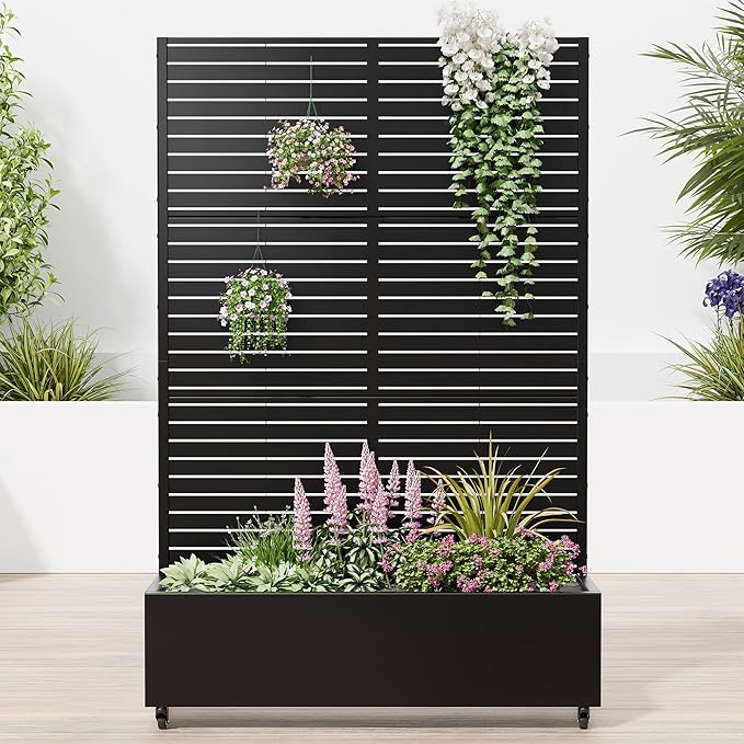 Casaphoria Raised Garden Bed Metal Planter Box with Trellis 72x47x16 for Outdoor Climbing Plants Flowers Vegetables and Vines Privacy Screen with Wheels and Drainage Holes(Black Louvered02)