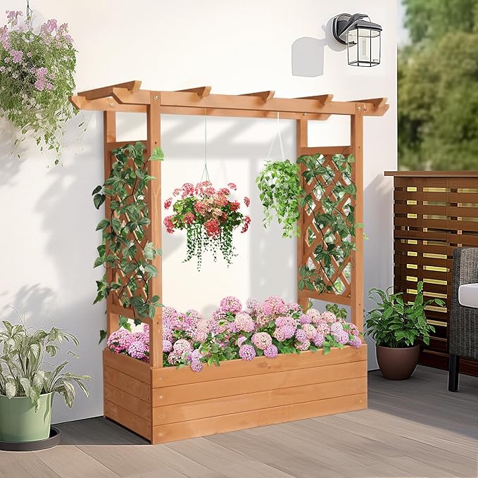 44.5 Inch Outdoor Garden Flower Standing Planter BoxTall Wooden Raised Garden BedVegetables Growing BedsWood Planter Boxeswith Drainage Holes &amp Trellisfor Patio Yard Porch Balcony (Natural)