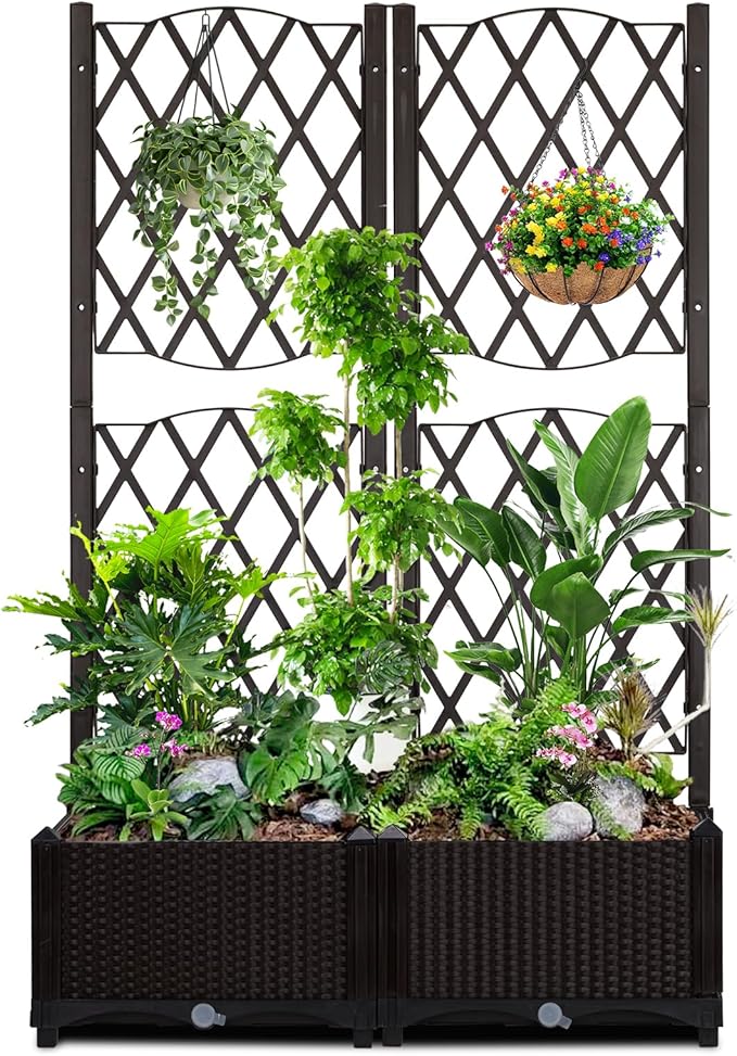 Outvita 31 x 16 x 48 Raised Garden Bed with Trellis ＆ Drainage Holes Free-Standing Trellis Planter Box Outdoor Floor Plant Bed for Vine Climbing Plants and Flowers in Garden Patio Balcony(Brown)