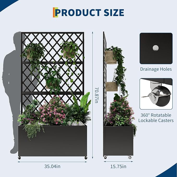 Galvanized Steel Raised Garden Bed with Trellis &amp Privacy Screen - 71 in x35 in x16 in Planter Box with Lockable Casters &amp Drainage Holes for Vines Vegetables On Patio Deck or Yard Black
