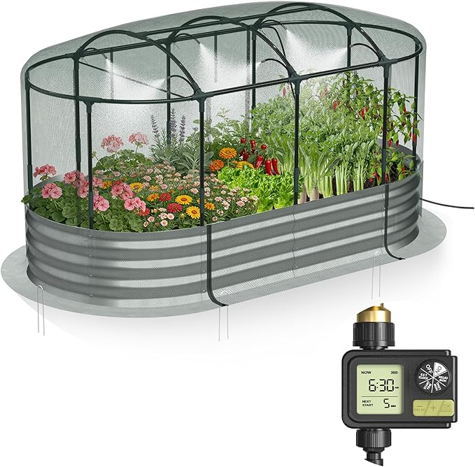 Raised Garden Bed with Sprinkler Timer and Self-Watering System 6x3x1 ft Elevated Planter Boxes Outdoor with Mesh Cover Galvanized Raised Beds forVegetablesFlowers Backyard Patio