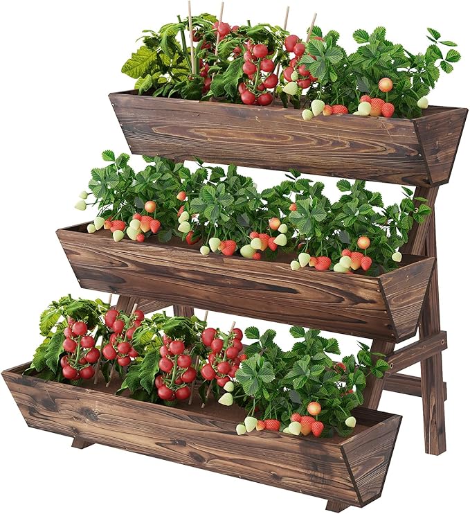 3-Tier Wooden Vertical Raised Garden Bed with Legs Tiered Planter Box Vertical Garden PlanterWood Plant Stand Wood Flower Rack for Patio Balcony Freestanding. (Carbonized-Large)