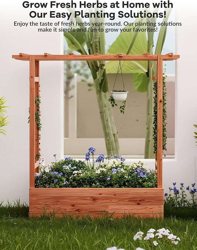 Raised Garden Bed with Trellis Wood Planter Box with Hanging Roof Side Trellis &amp Drainage Freestanding Garden Planter for Climbing Plants Vegetables Flowers