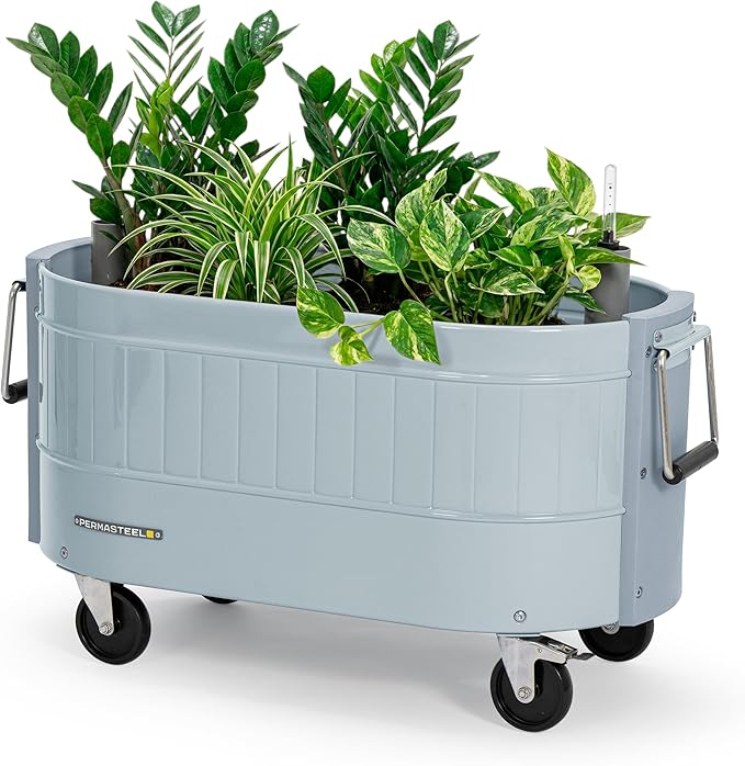 Permasteel Self-Watering Garden Bed Rolling Planter for Vegetables Flowers Herbs and Fruit Outdoor Indoor Caster Wheels Blue